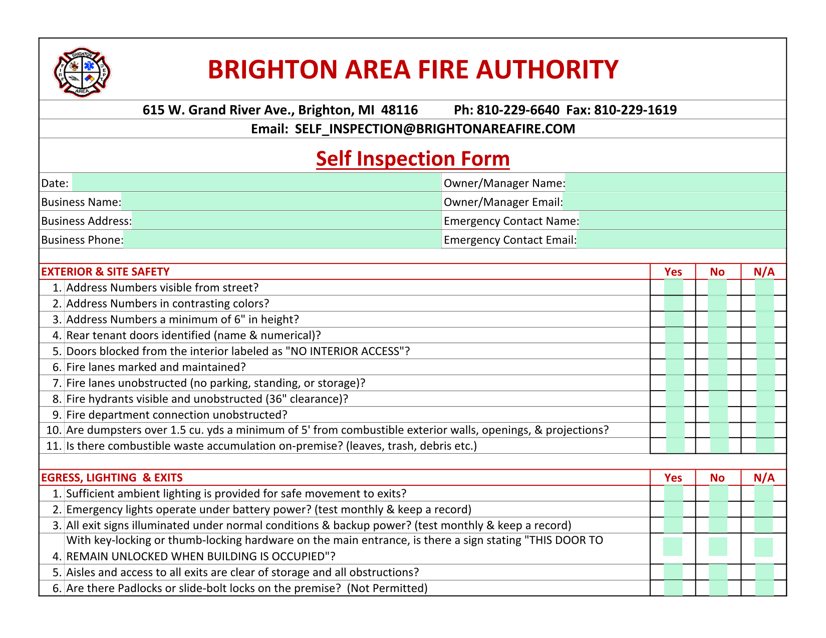Self Inspection Form screenshot