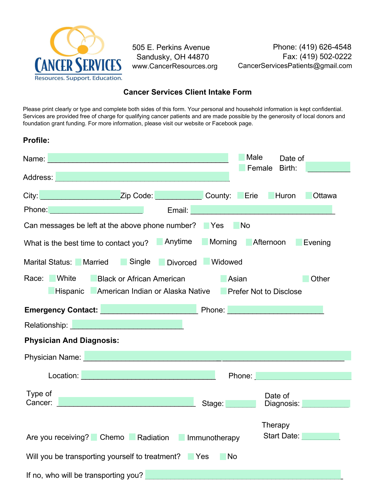 Cancer Services Client Intake Form screenshot