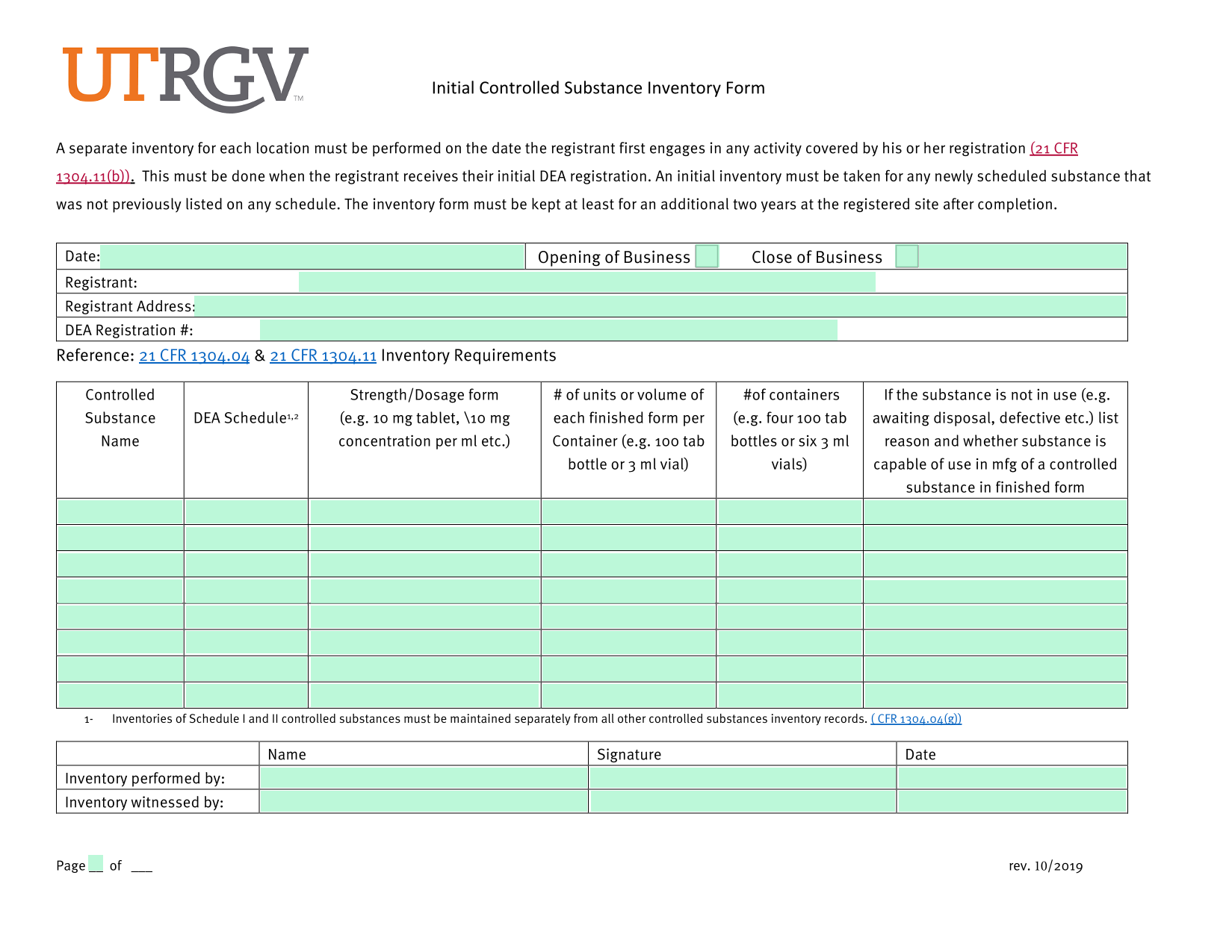 Initial Controlled Substance Inventory Form screenshot