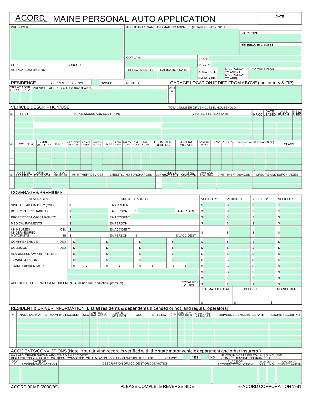 Auto Insurance Application Form screenshot