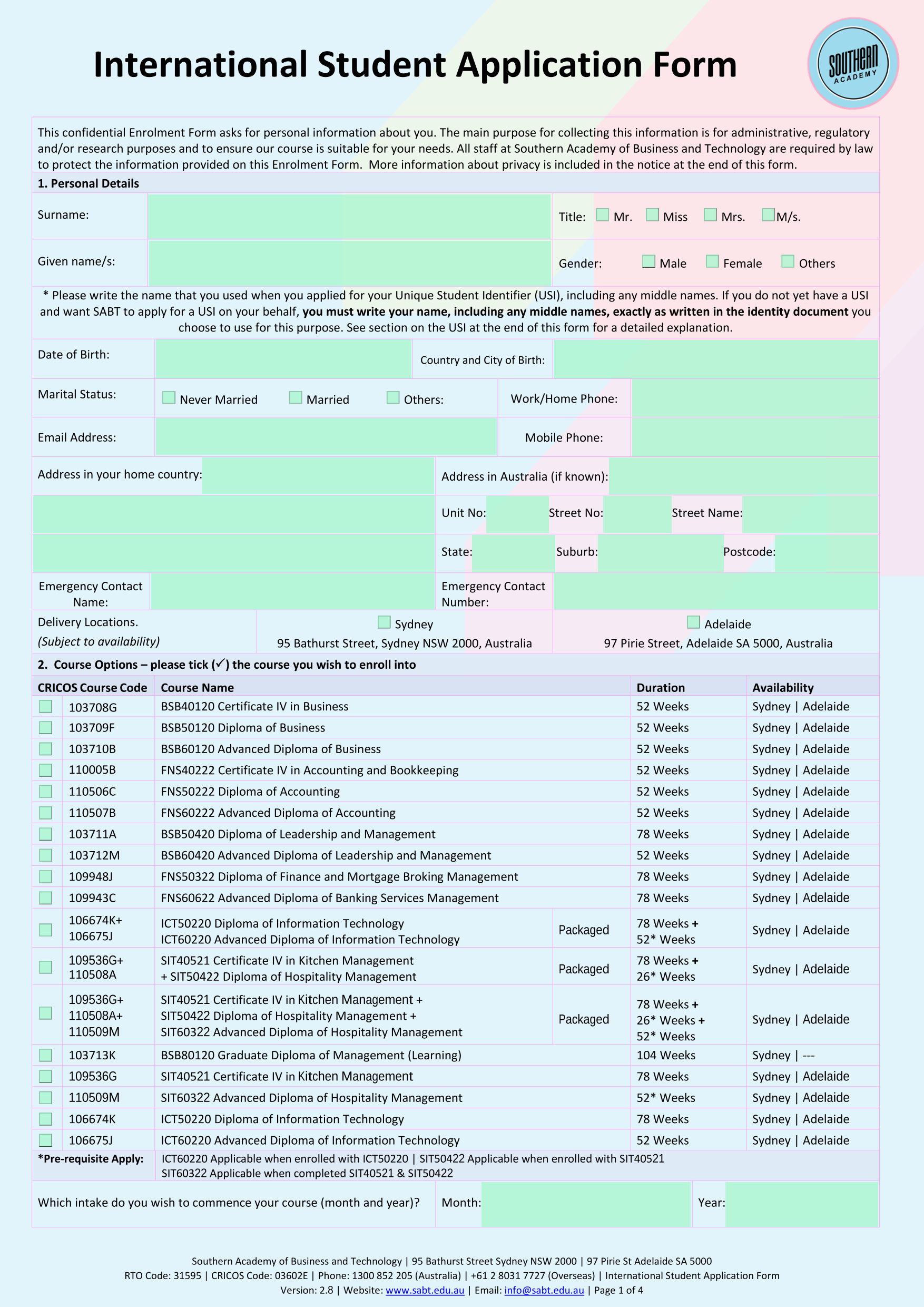 International Student Application Form screenshot