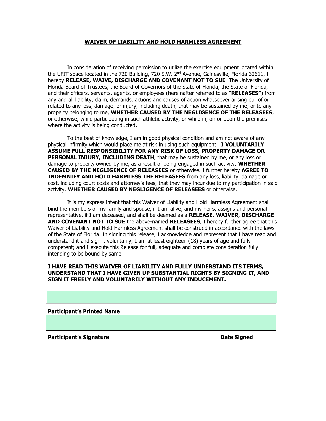 Waiver Of Liability And Hold Harmless Agreement screenshot