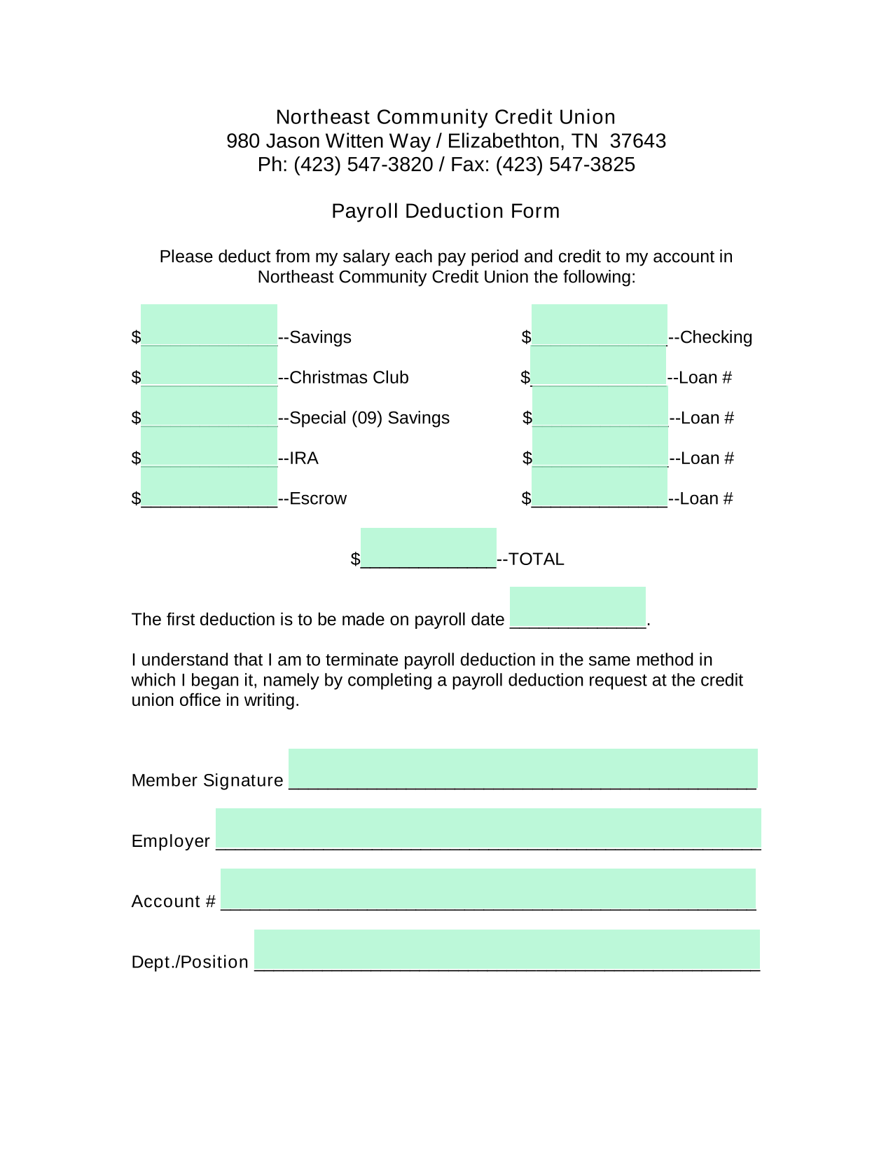 Payroll Deduction Form screenshot