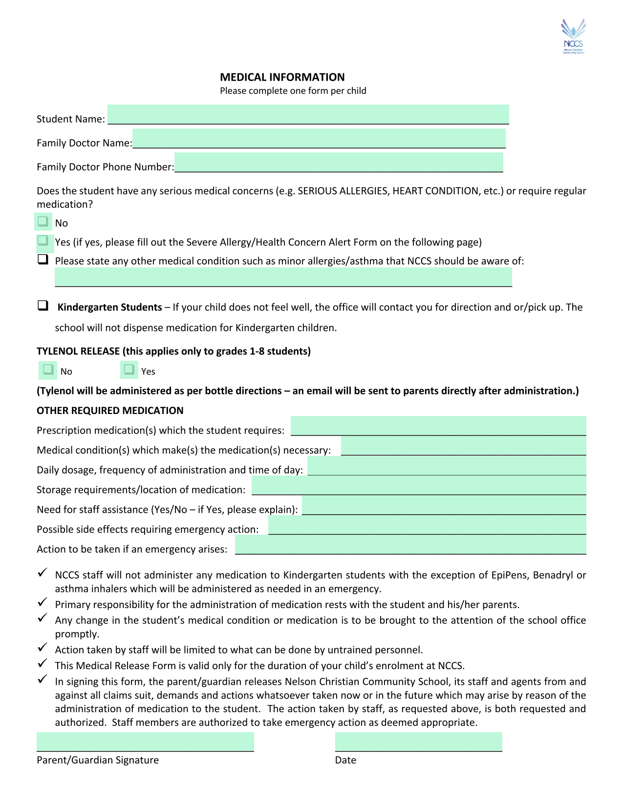 Medical Information Form screenshot