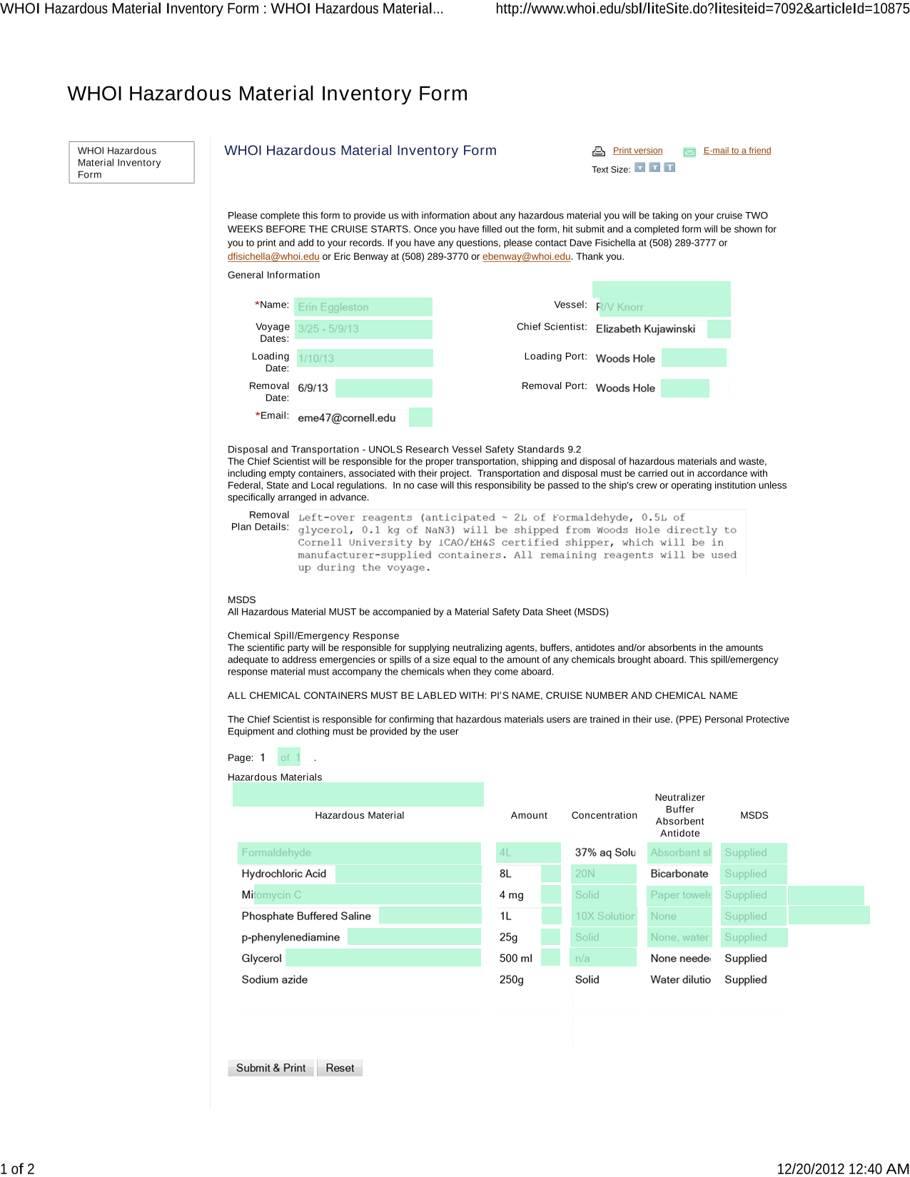 WHOI Hazardous Material Inventory Form screenshot