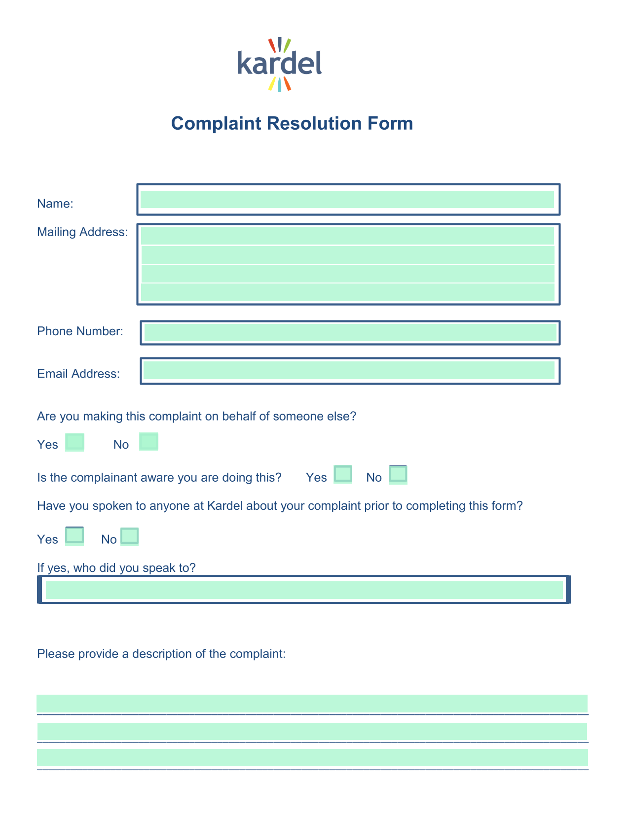 Complaint Resolution Form screenshot