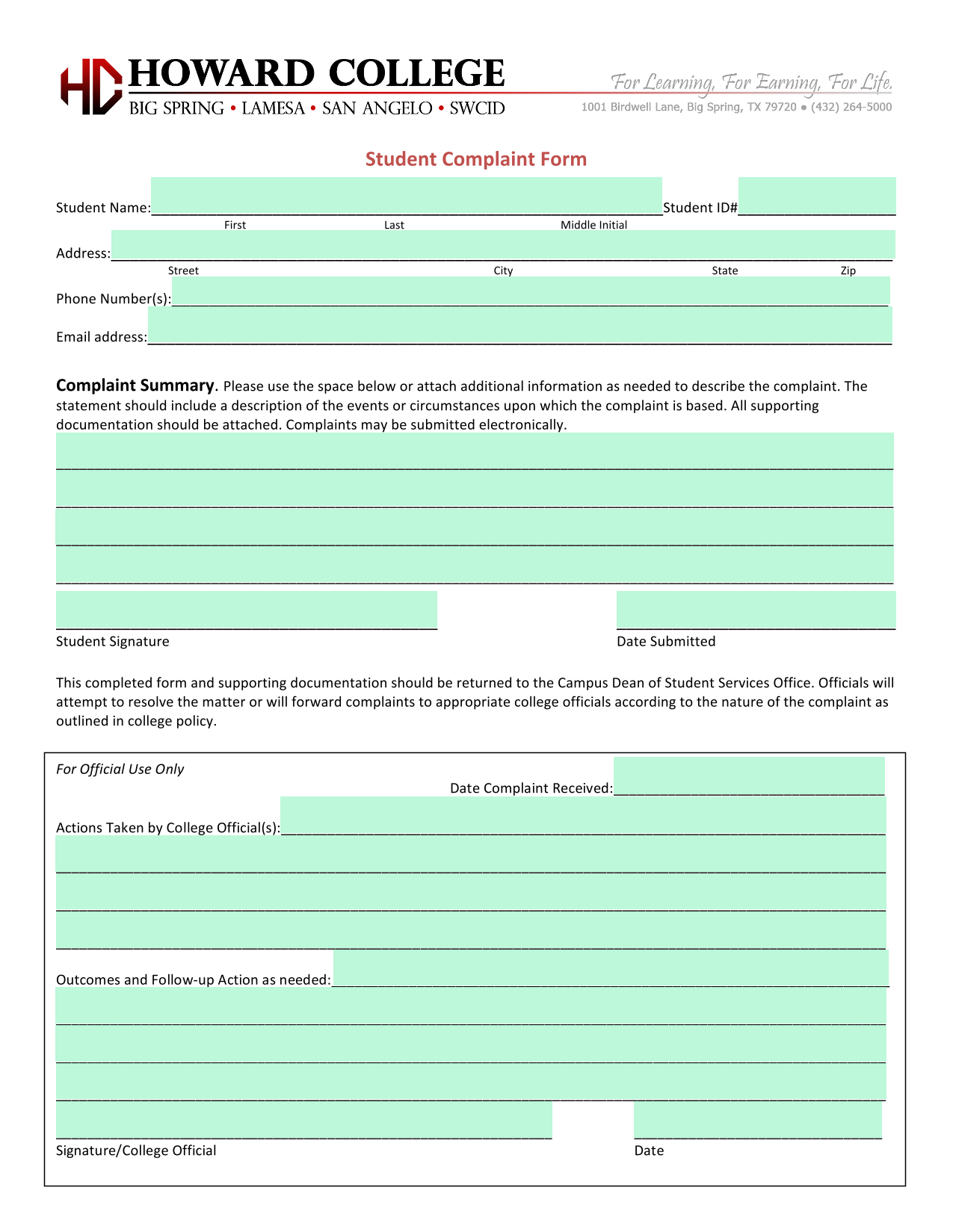 Student Complaint Form screenshot