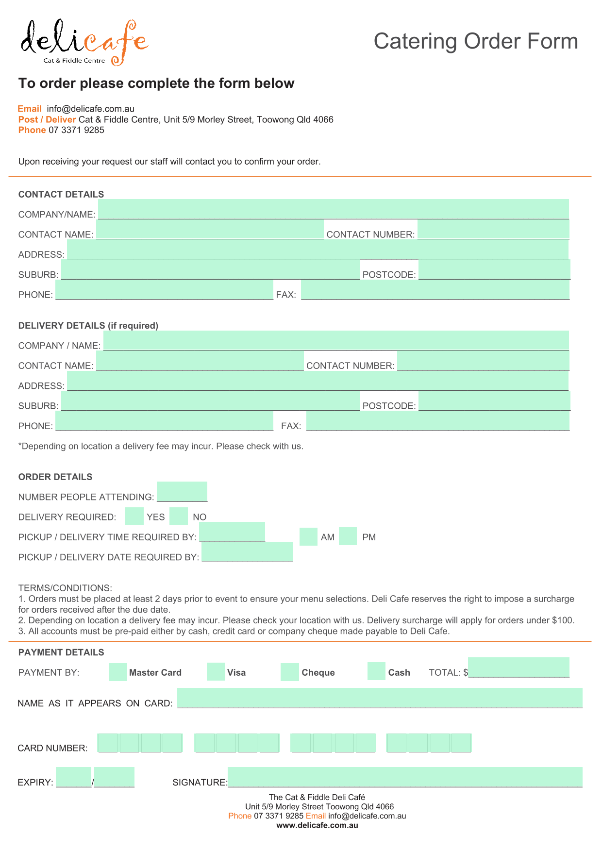 Catering Order Form screenshot
