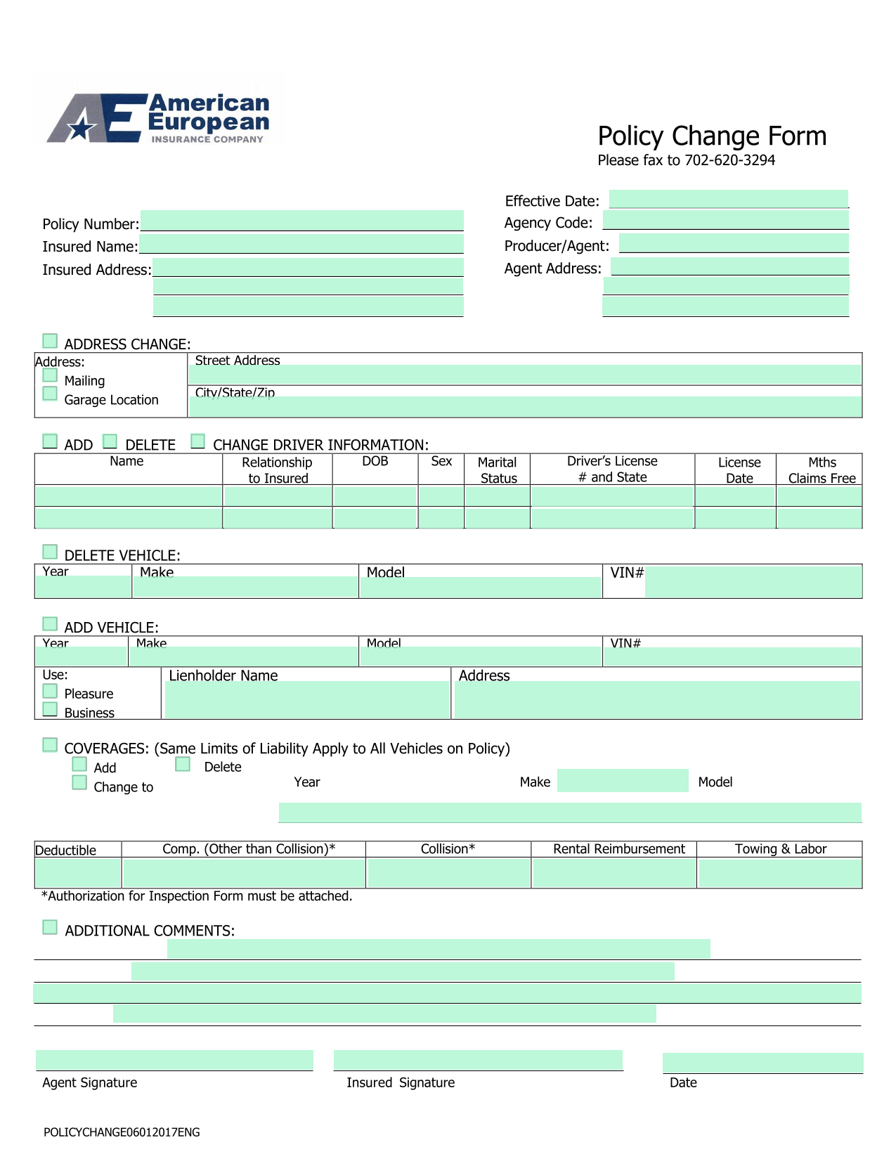 Policy Change Form screenshot