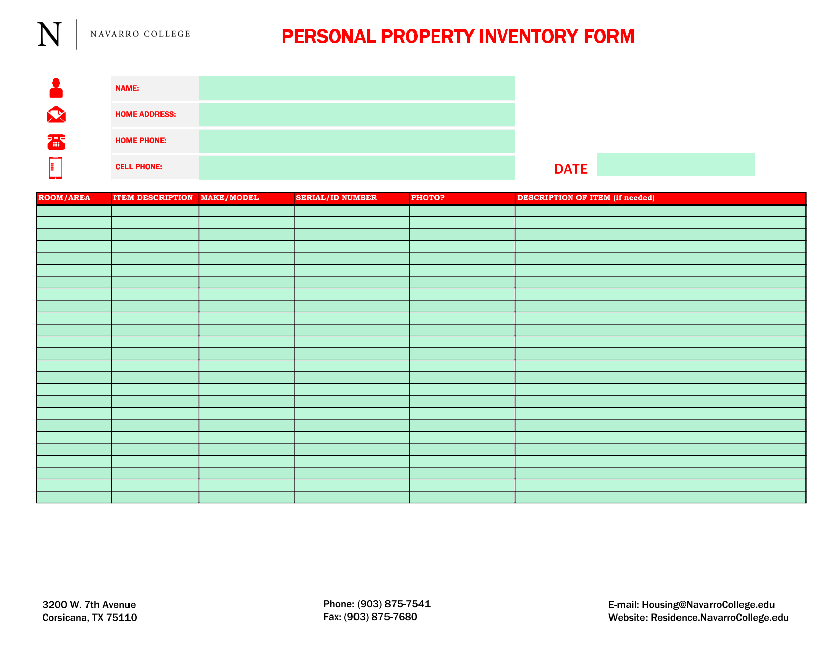 Personal Property Inventory Form screenshot