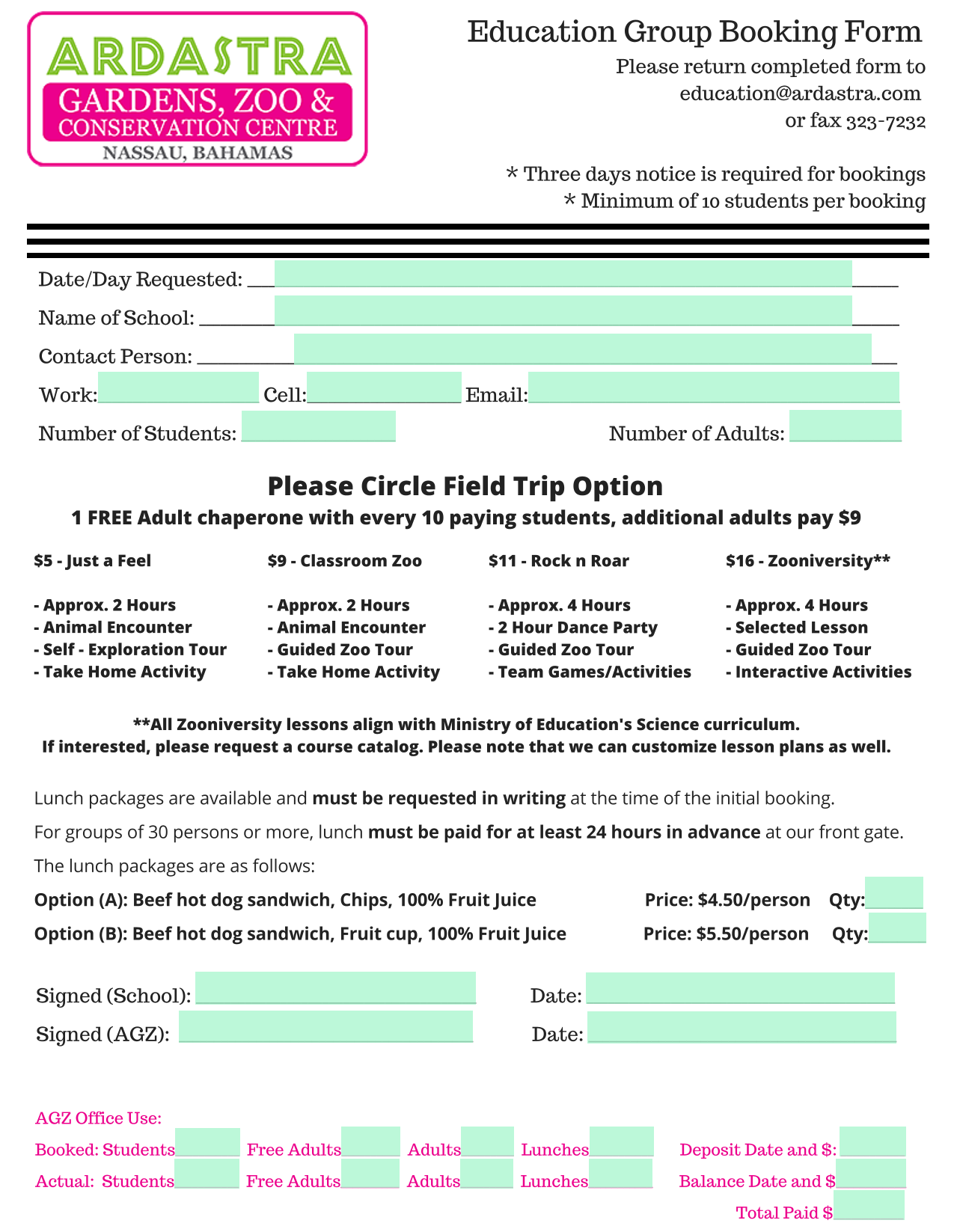 Education Group Booking Form screenshot