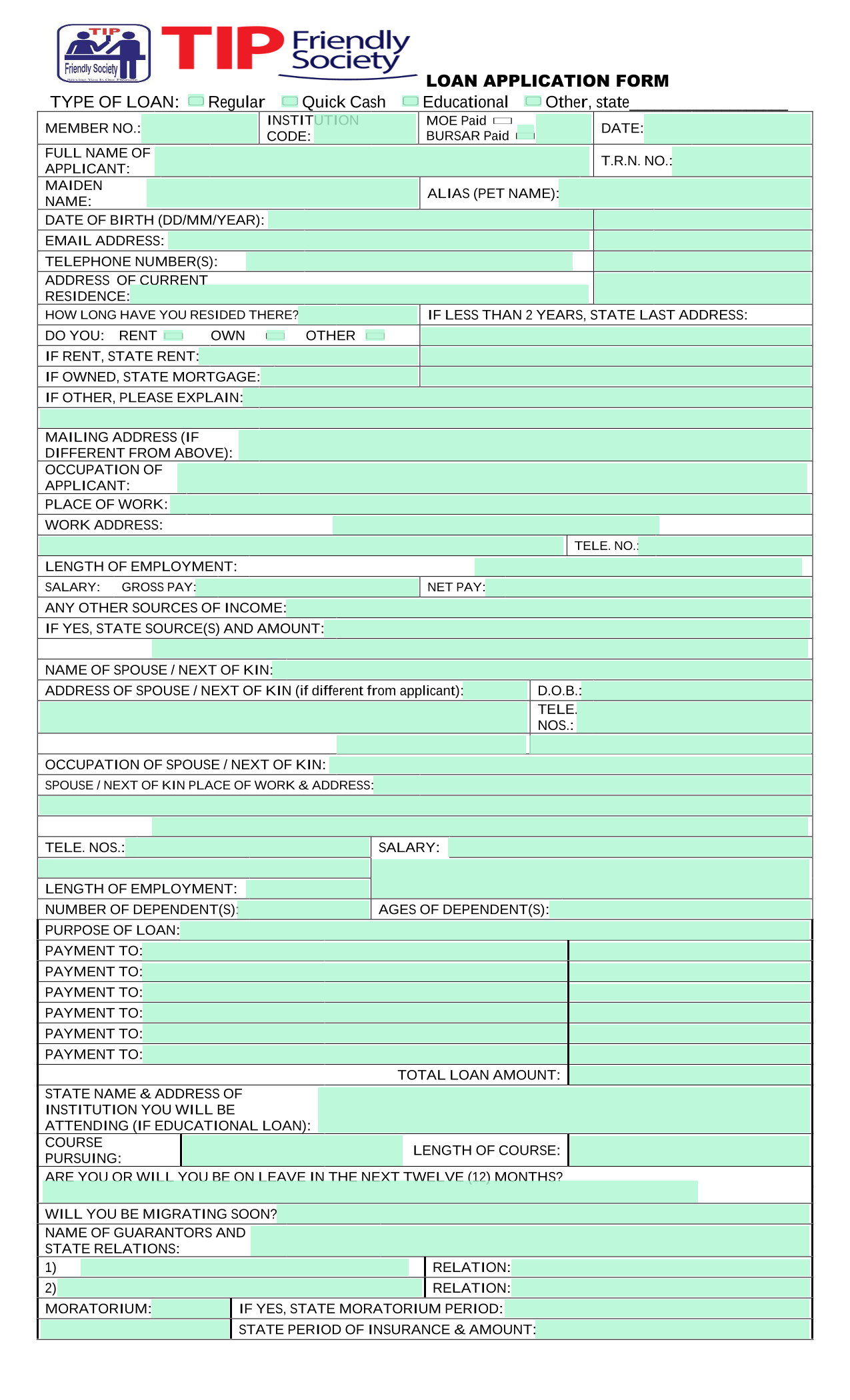 LOAN APPLICATION FORM screenshot