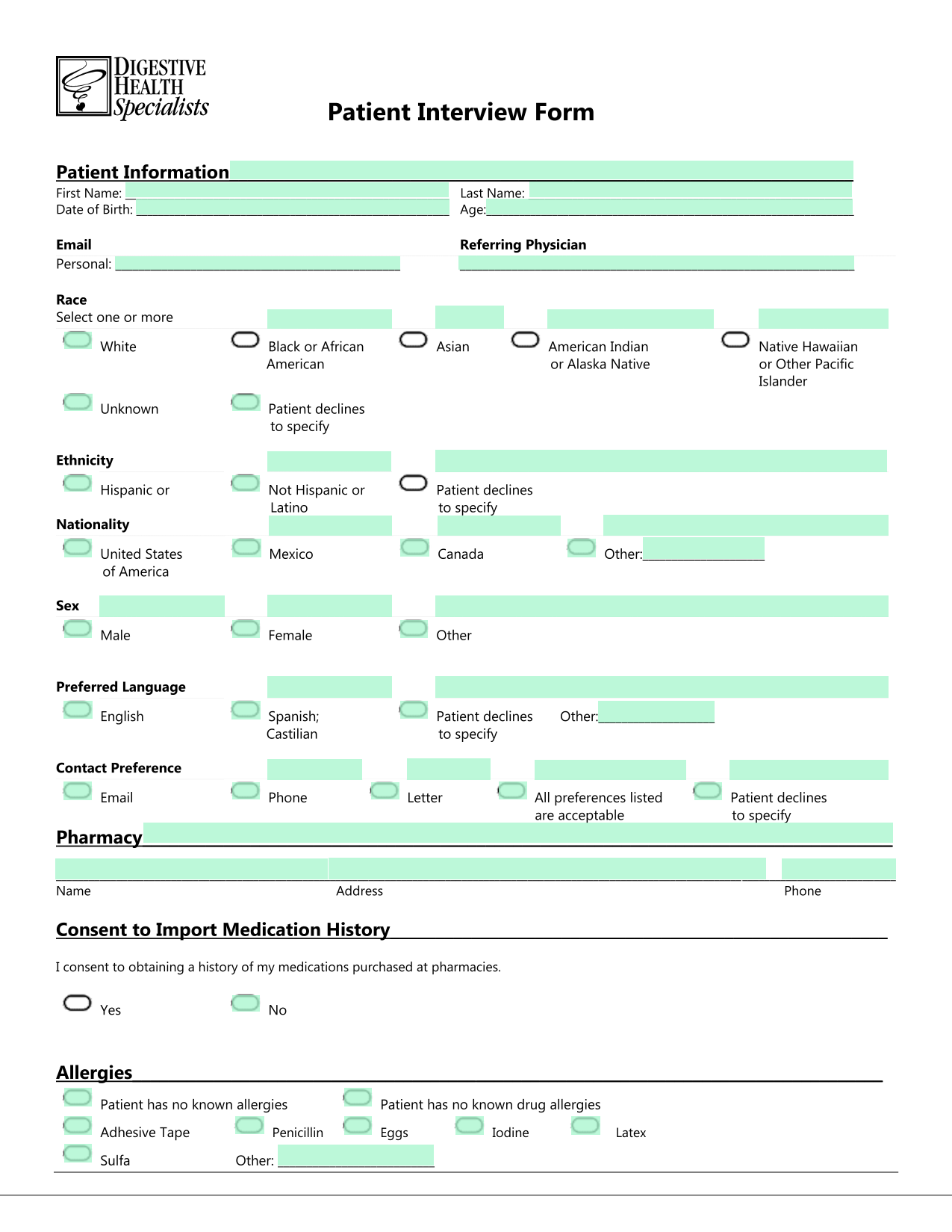 Patient Interview Form screenshot