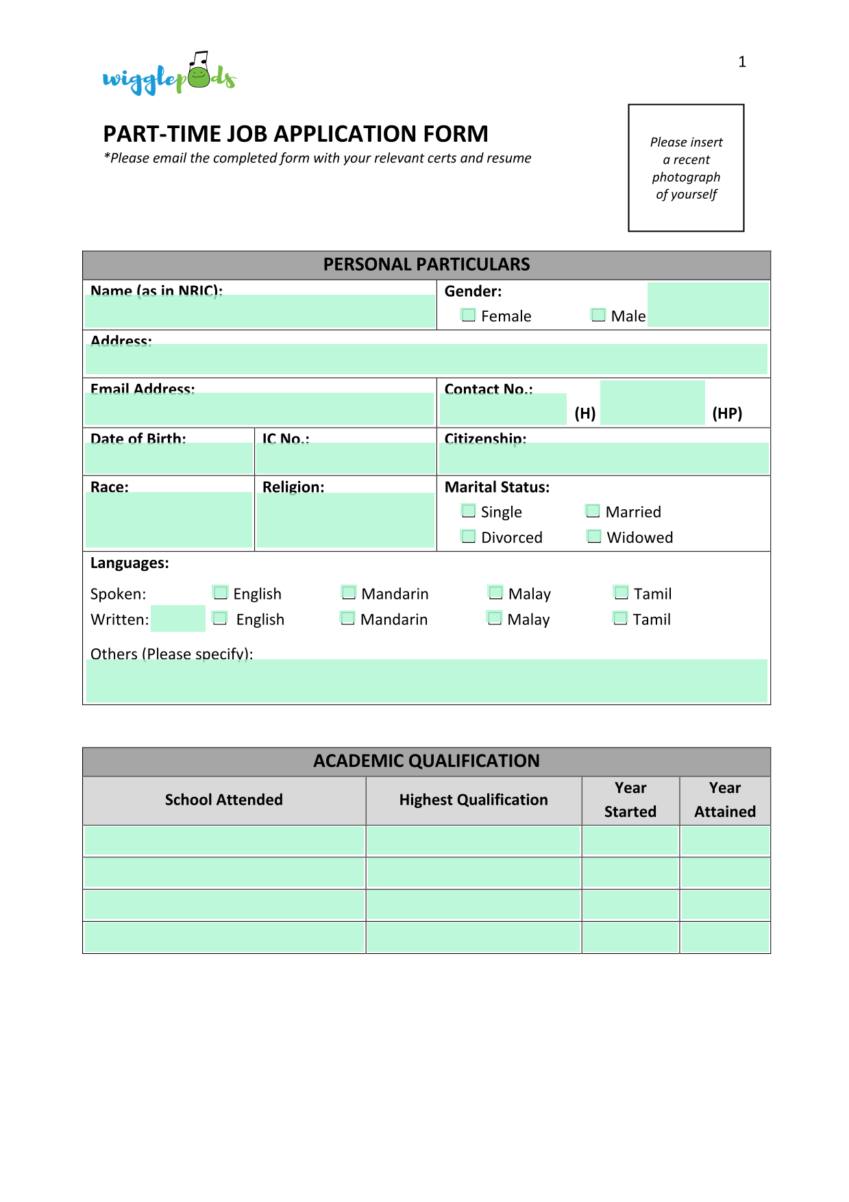 Part Time Job Application Form screenshot