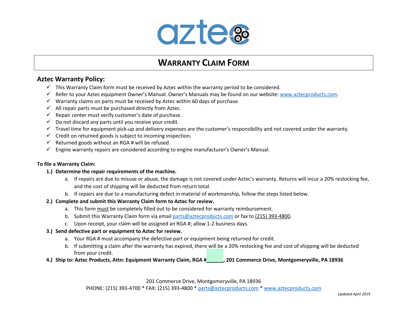 Warranty Claim Form screenshot