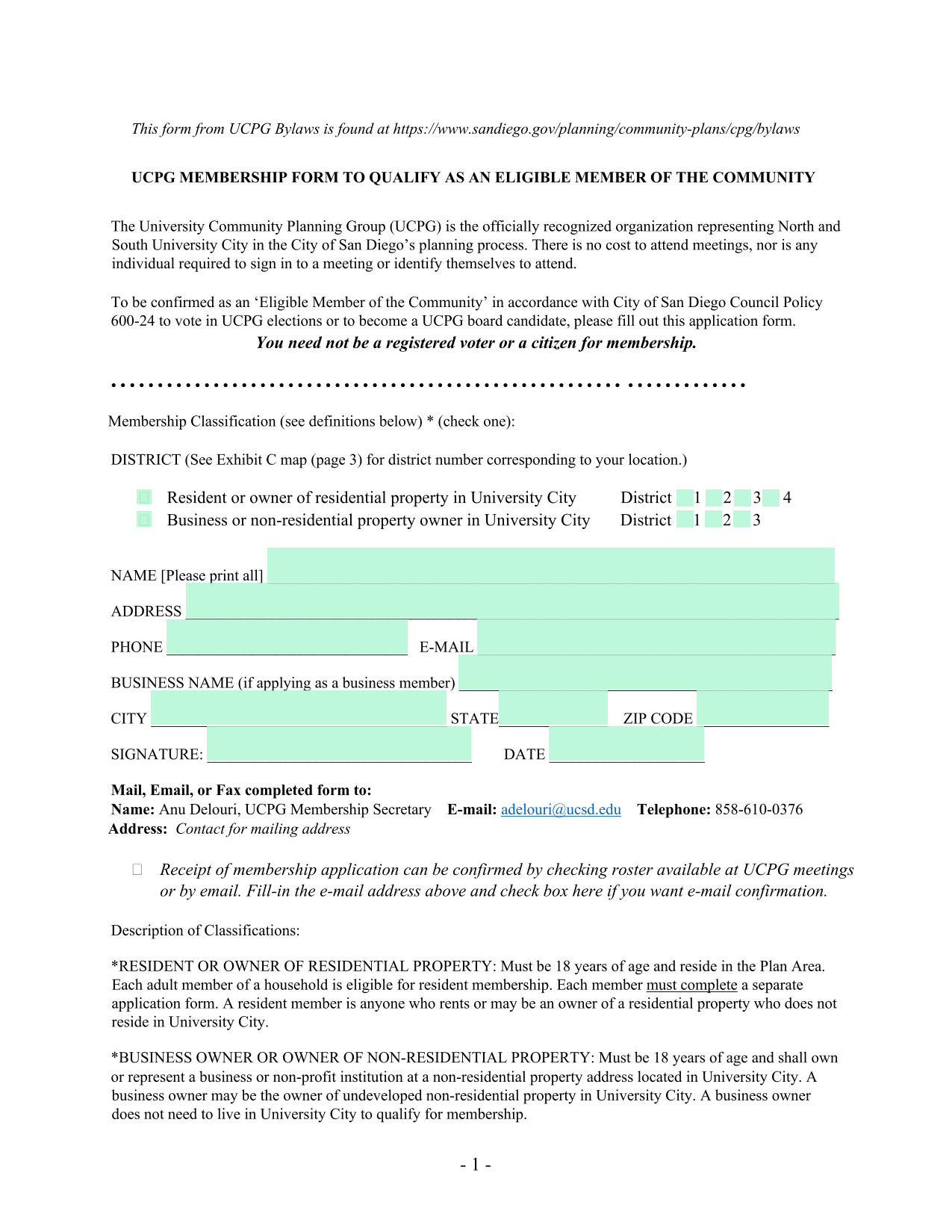 UCPG Membership Form screenshot