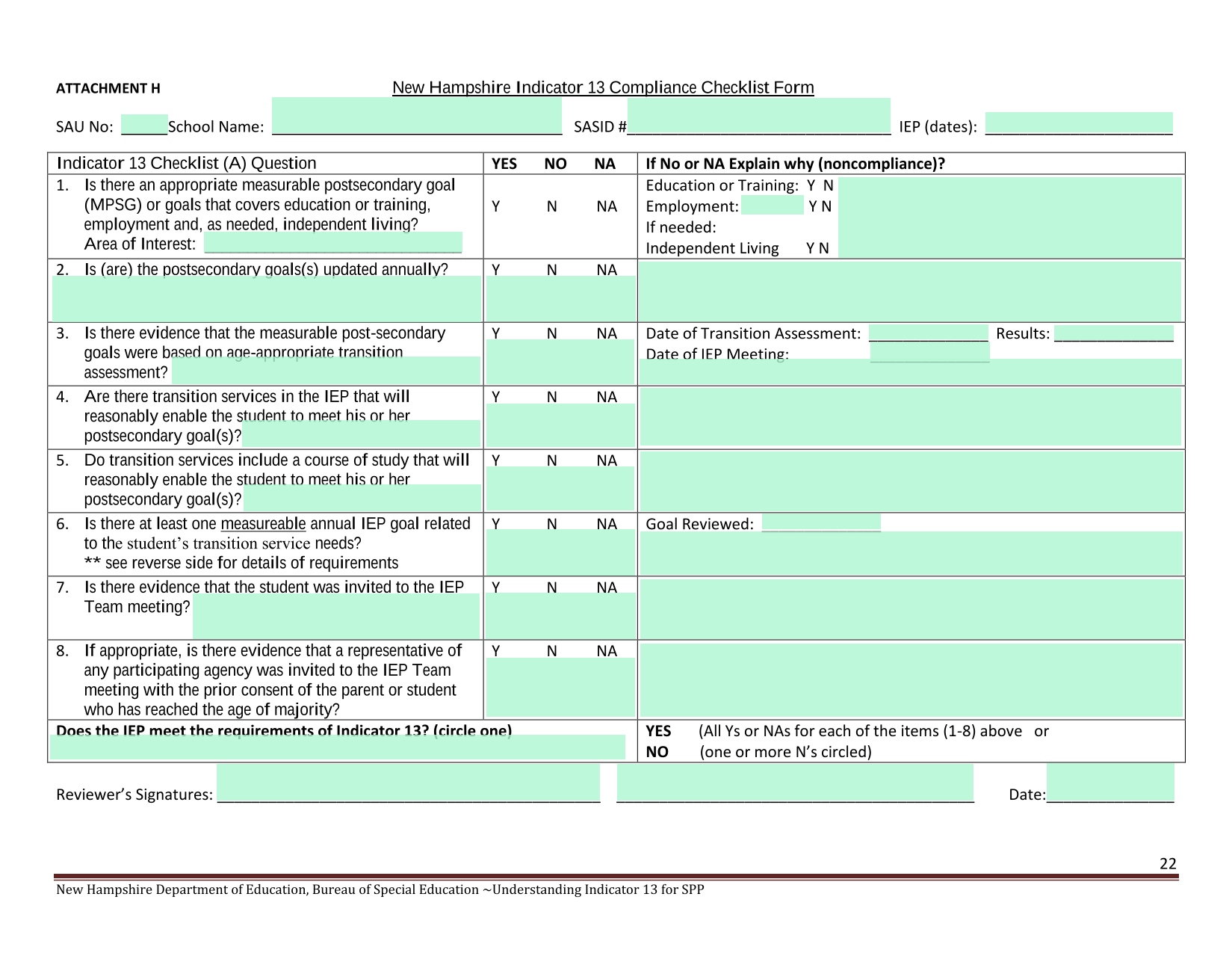 New Hampshire Indicator 13 Compliance Checklist Form screenshot
