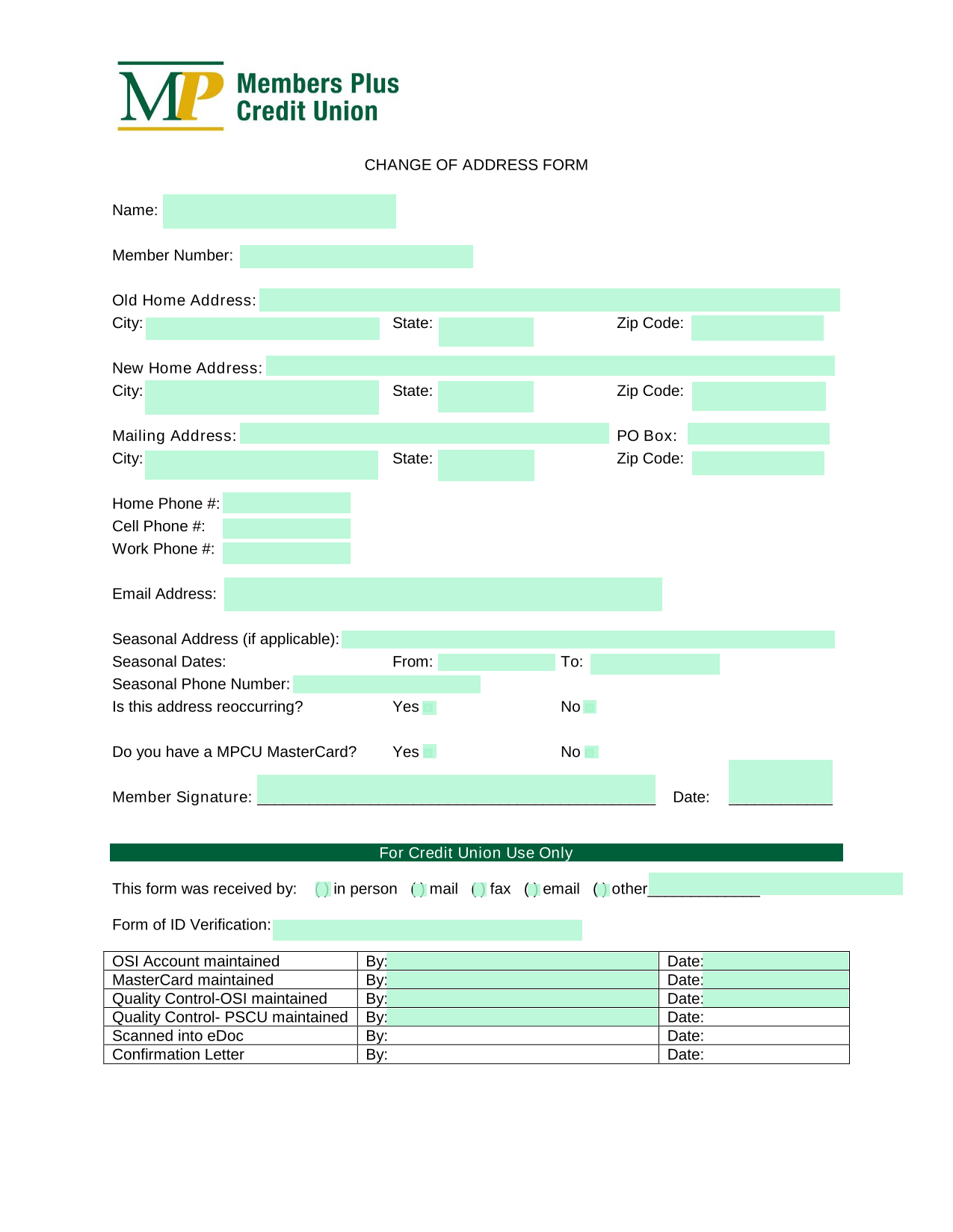 Change Of Address Form screenshot