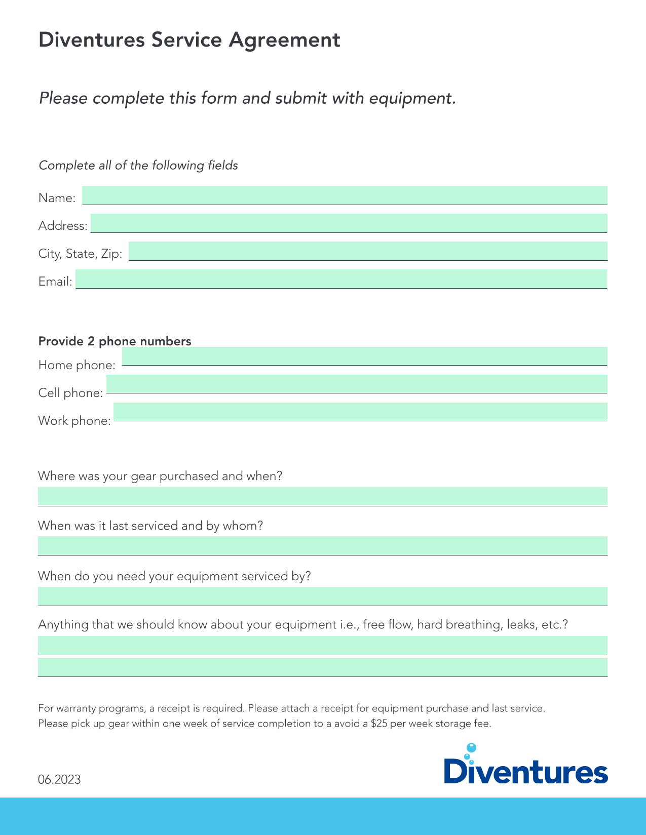 Diventures Service Agreement screenshot