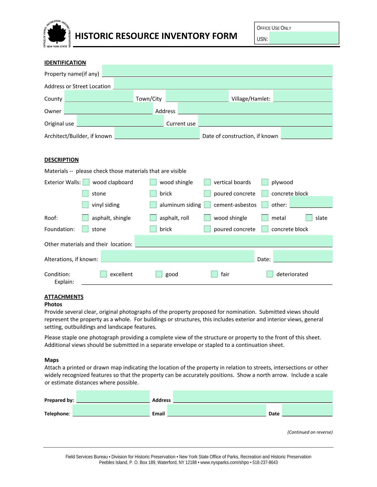 Historic Resource Inventory Form screenshot