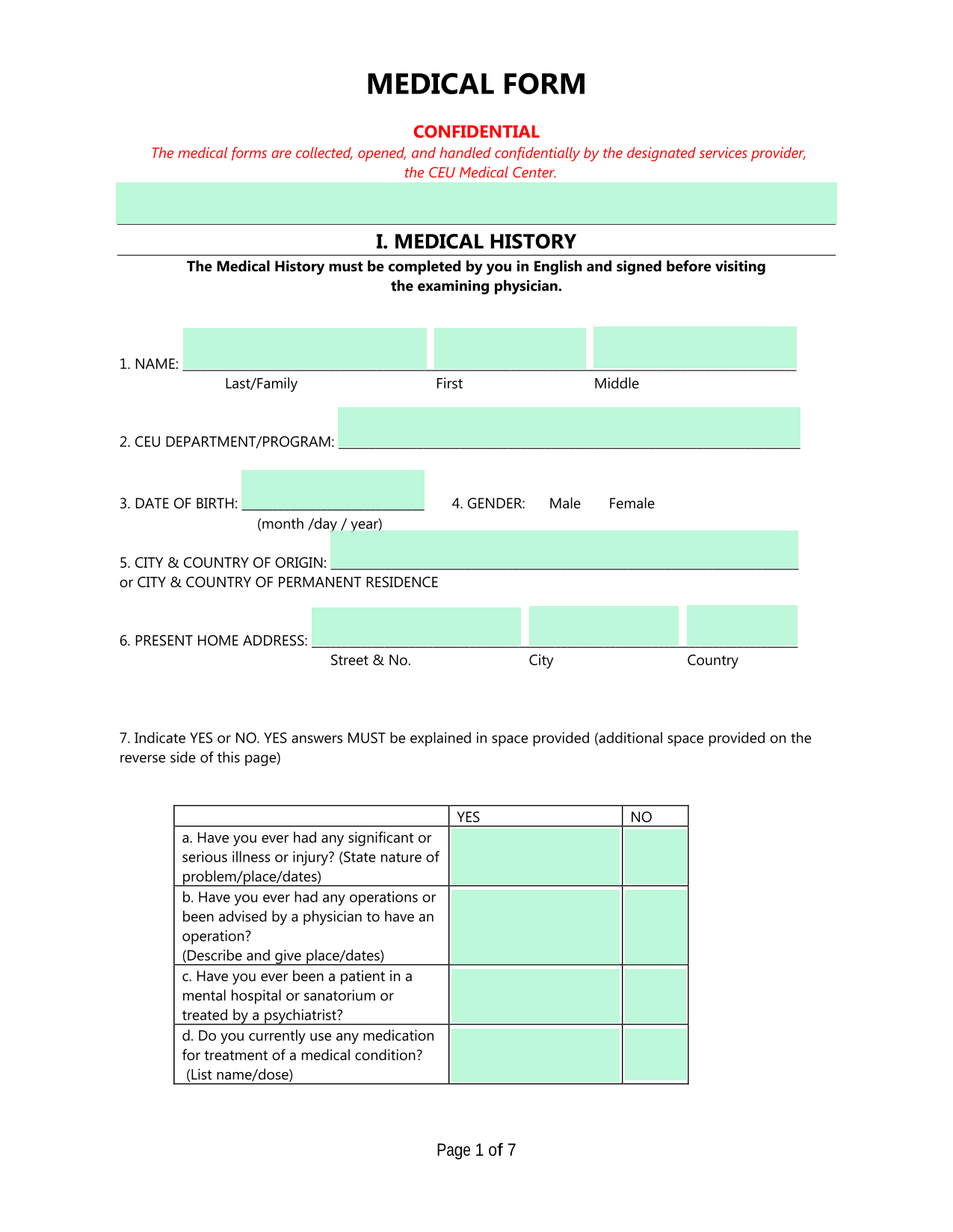 MEDICAL FORM screenshot