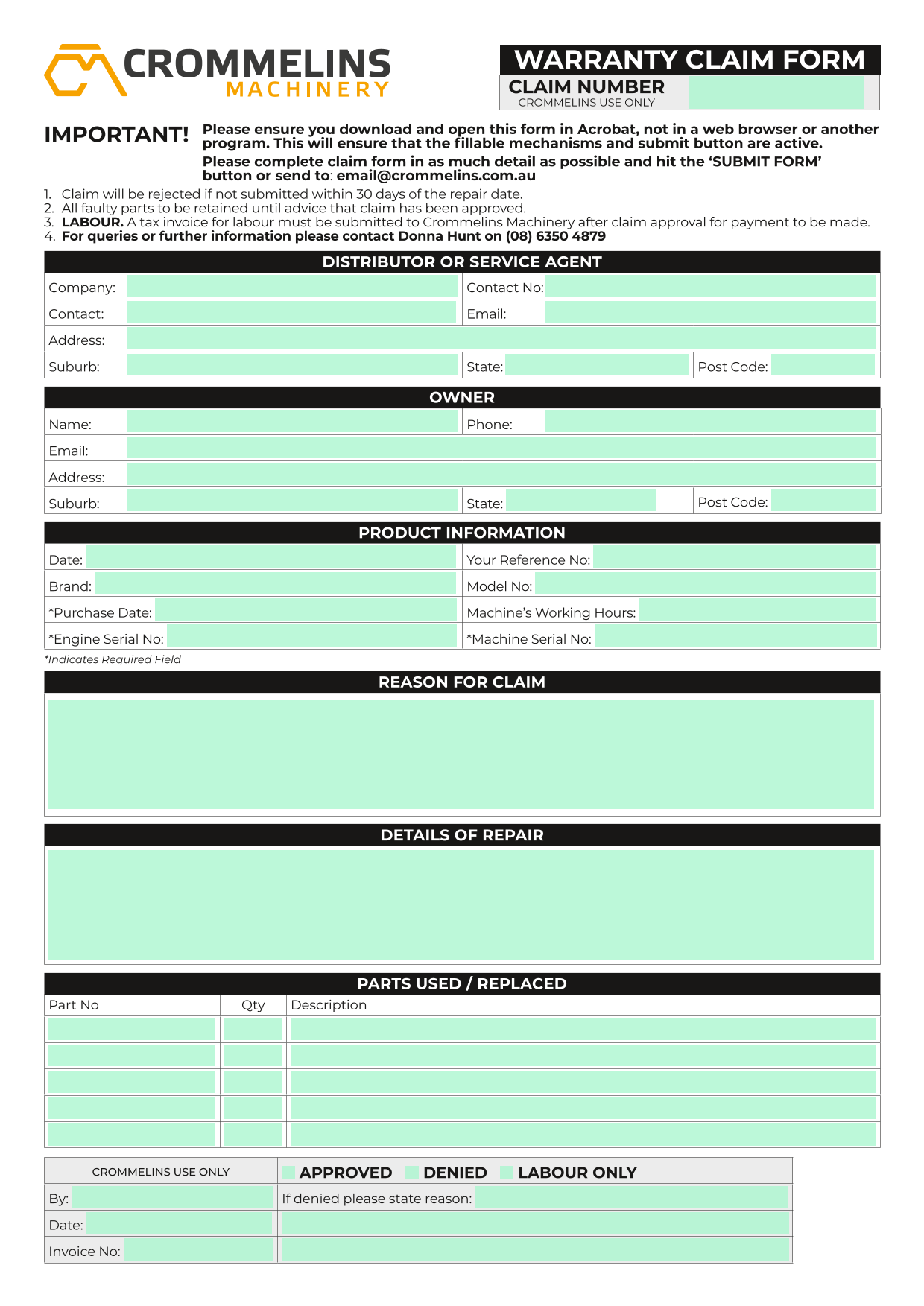 Warranty Claim Form screenshot