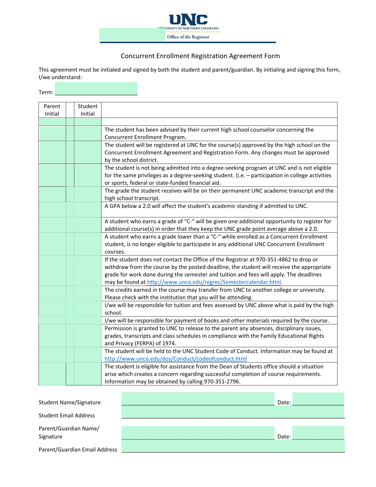 Concurrent Enrollment Registration Agreement Form screenshot