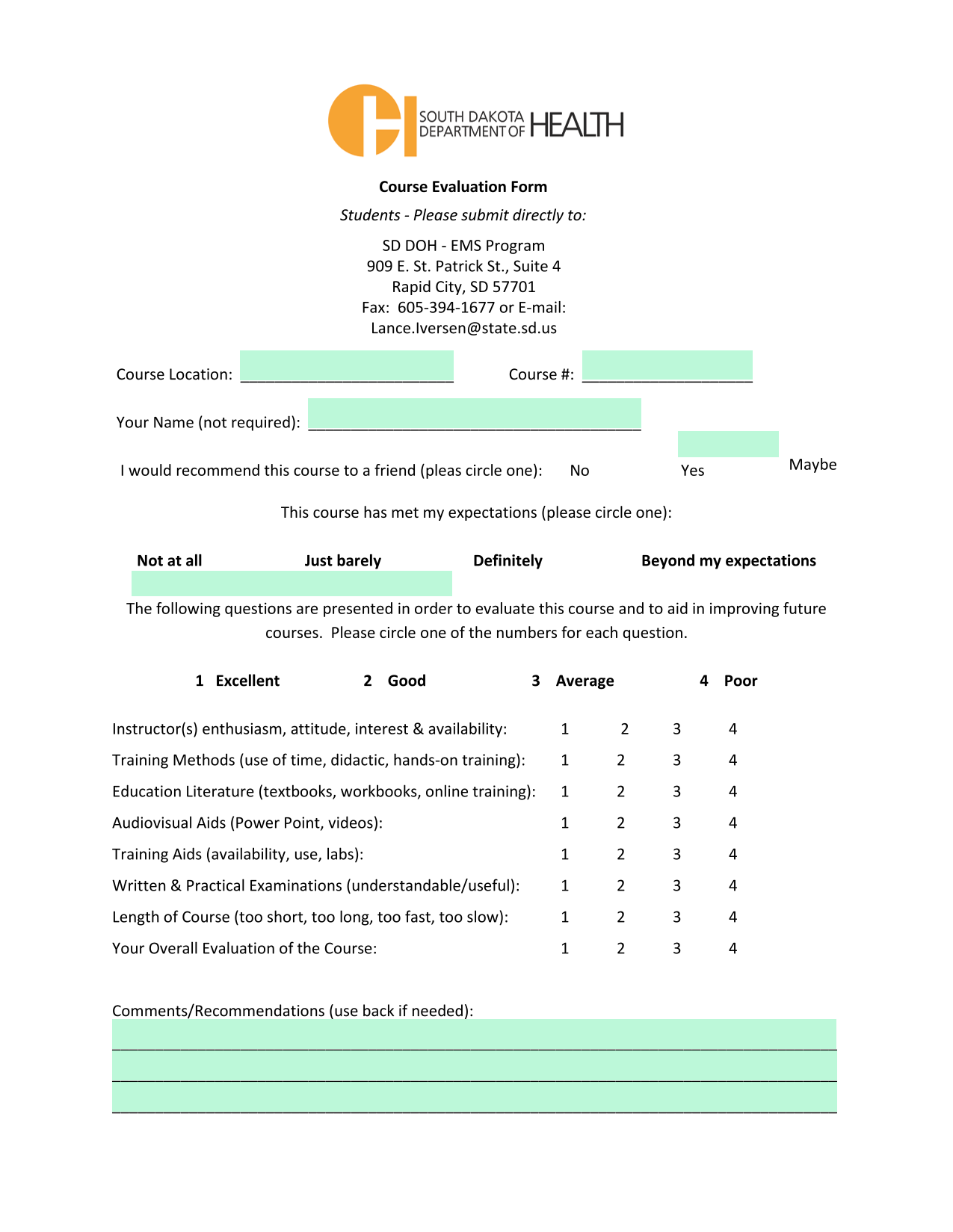Course Evaluation Form screenshot