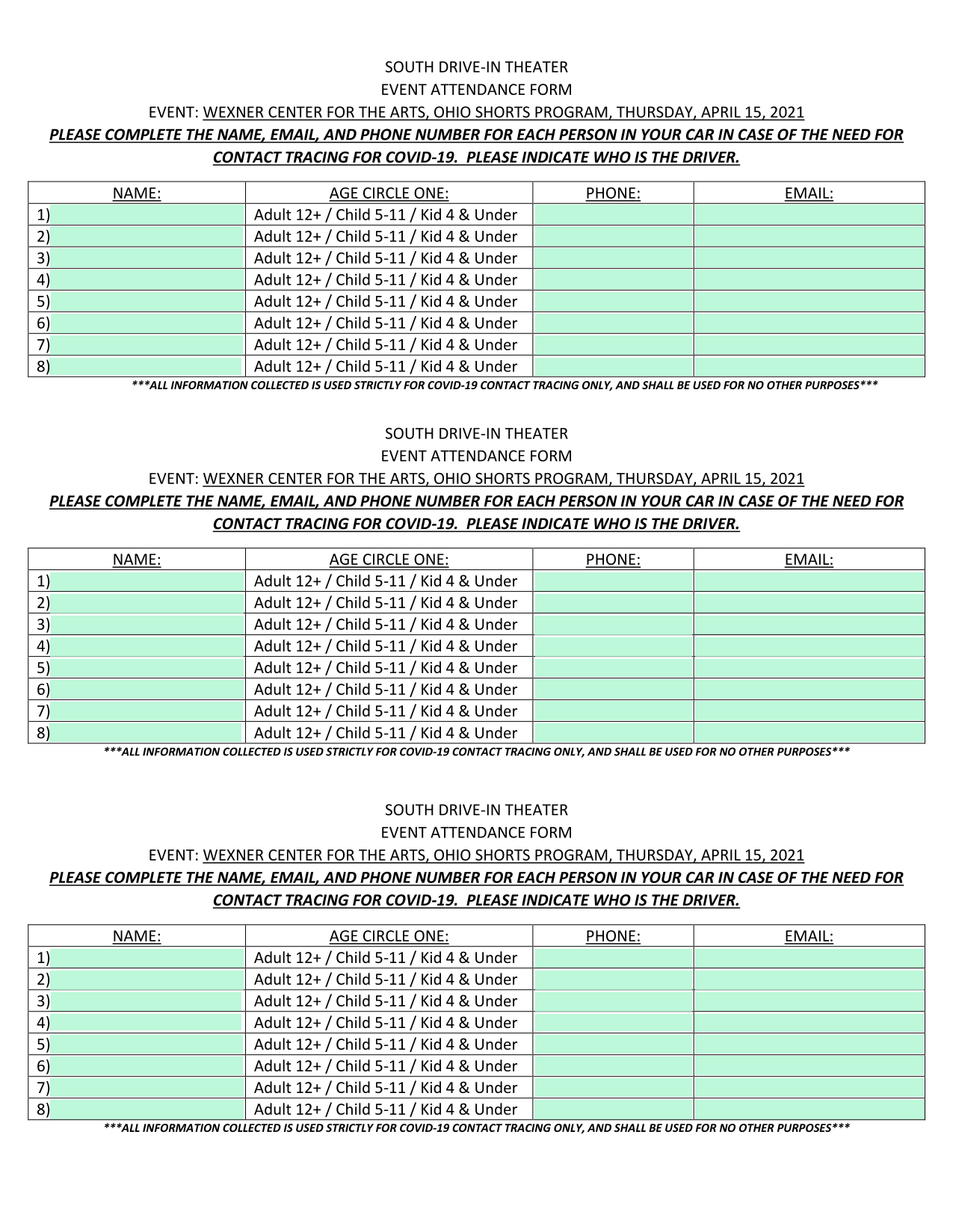 South Drive In Theater Event Attendance Form screenshot