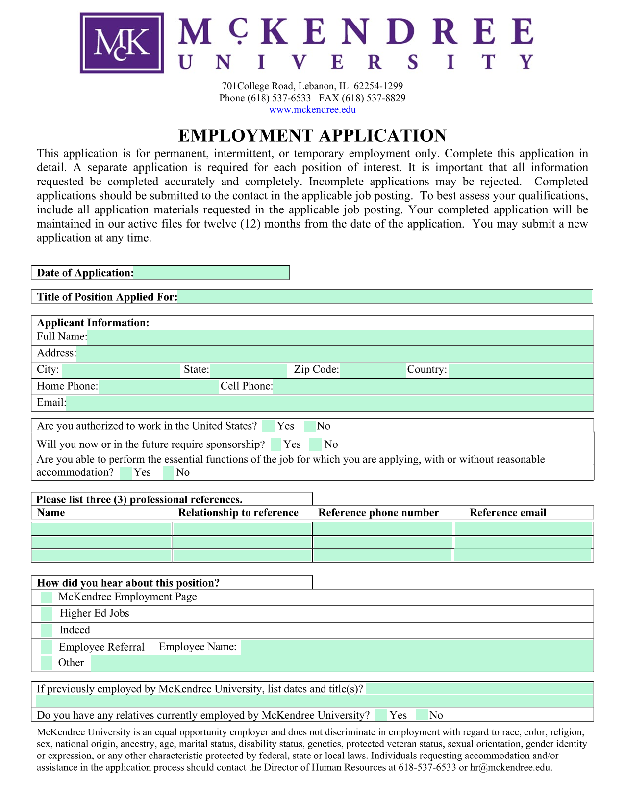Employment Application screenshot