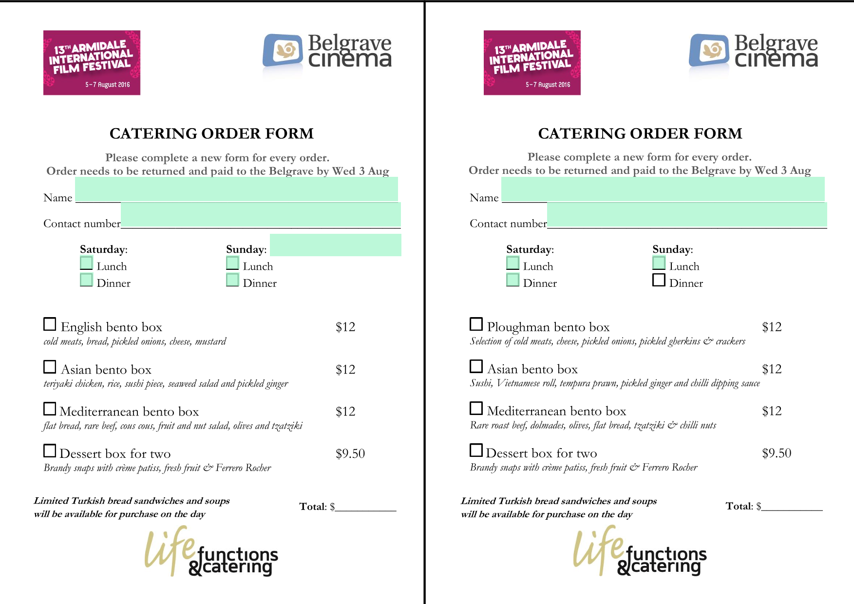 CATERING ORDER FORM screenshot
