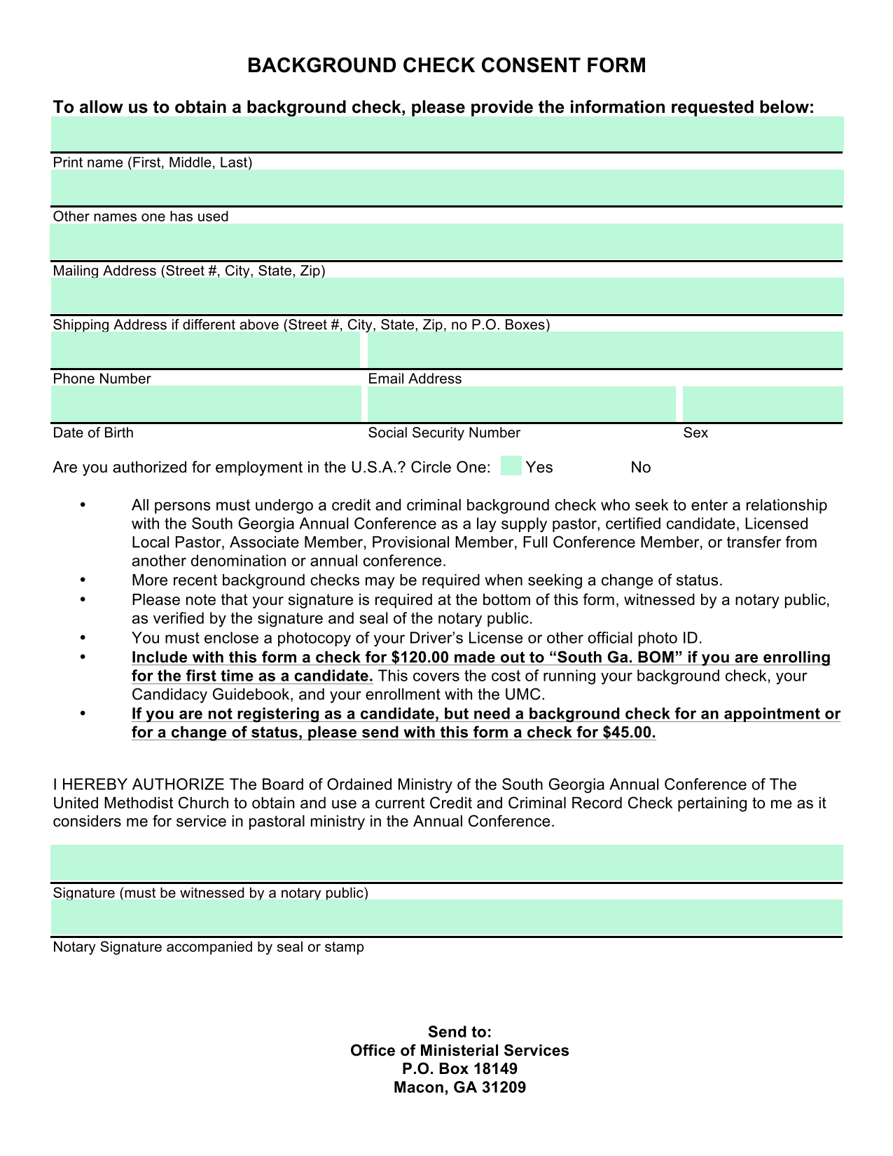 Background Check Consent Form screenshot