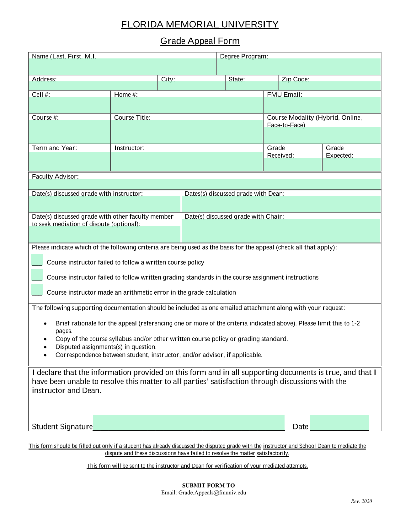 Florida Memorial University Grade Appeal Form screenshot