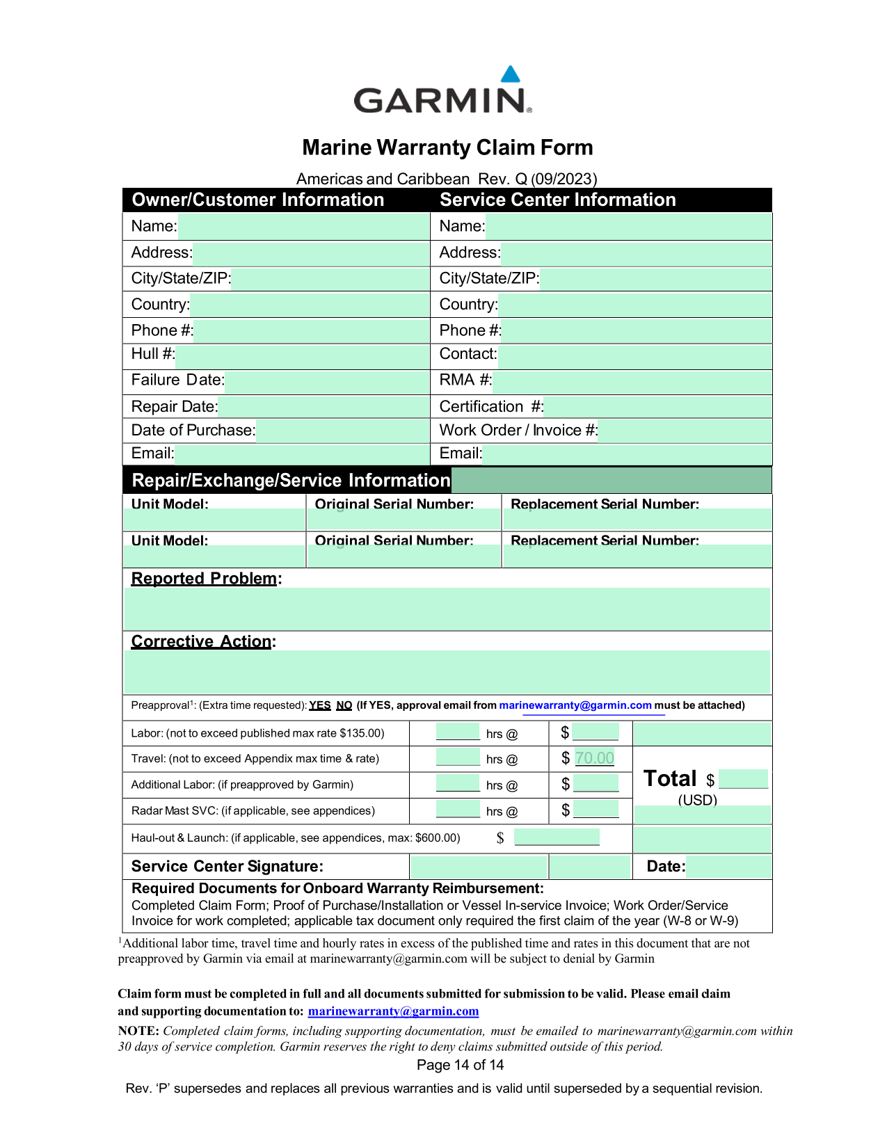 Marine Warranty Claim Form screenshot
