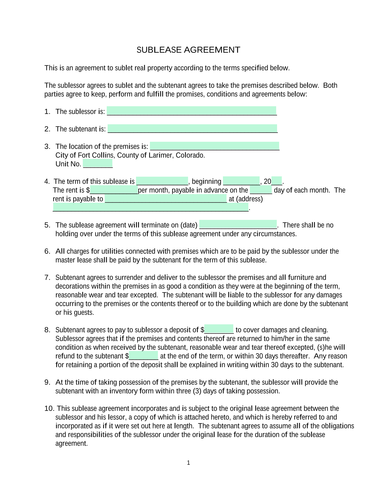 SUBLEASE AGREEMENT screenshot