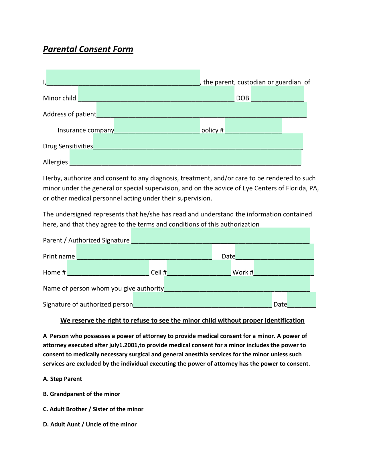 Parental Consent Form screenshot