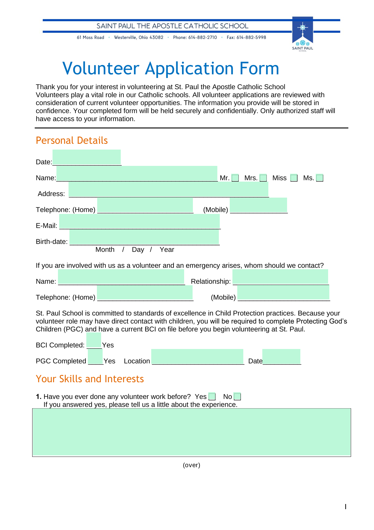 Volunteer Application Form screenshot
