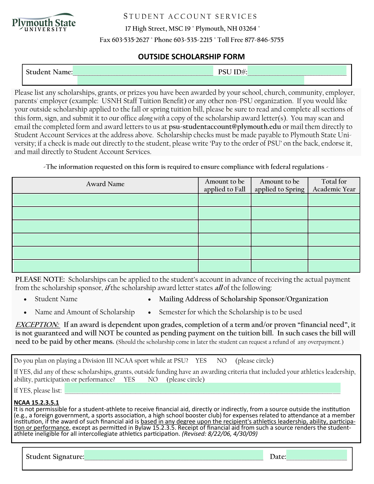 Outside Scholarship Form screenshot