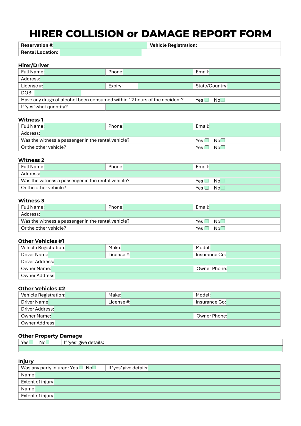 Hirer Collision Or Damage Report Form screenshot