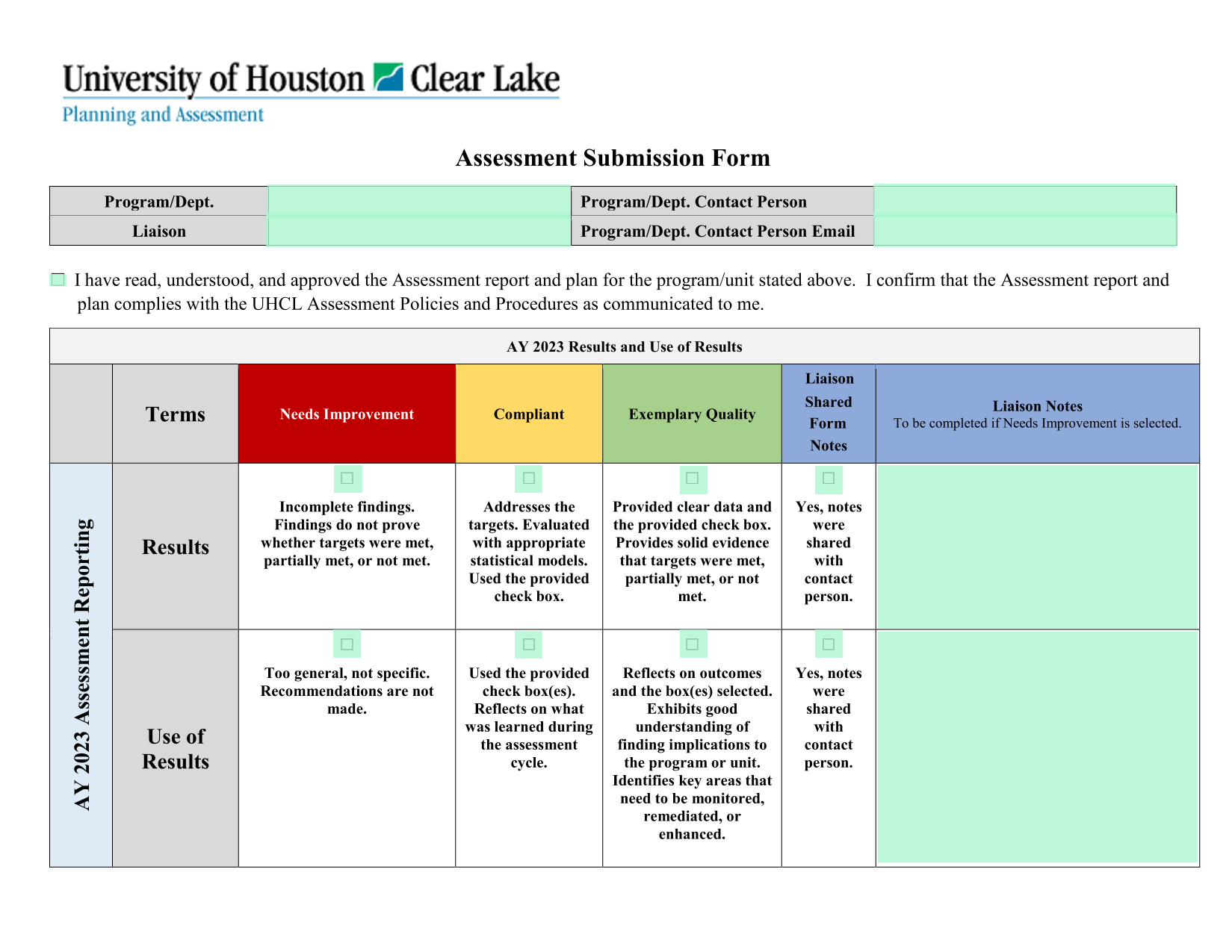 Assessment Submission Form screenshot