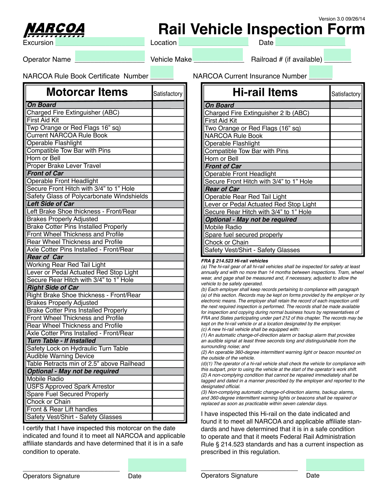 Rail Vehicle Inspection Form screenshot