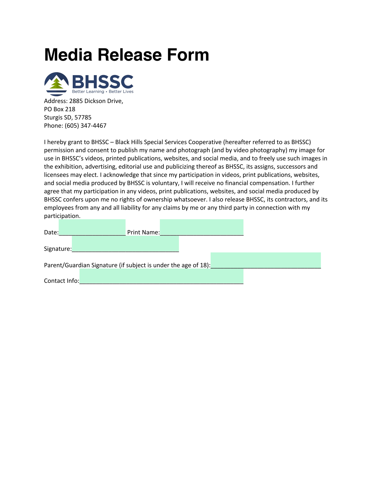 Media Release Form screenshot
