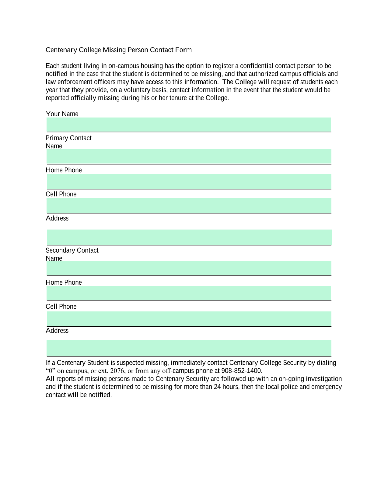 Centenary College Missing Person Contact Form screenshot