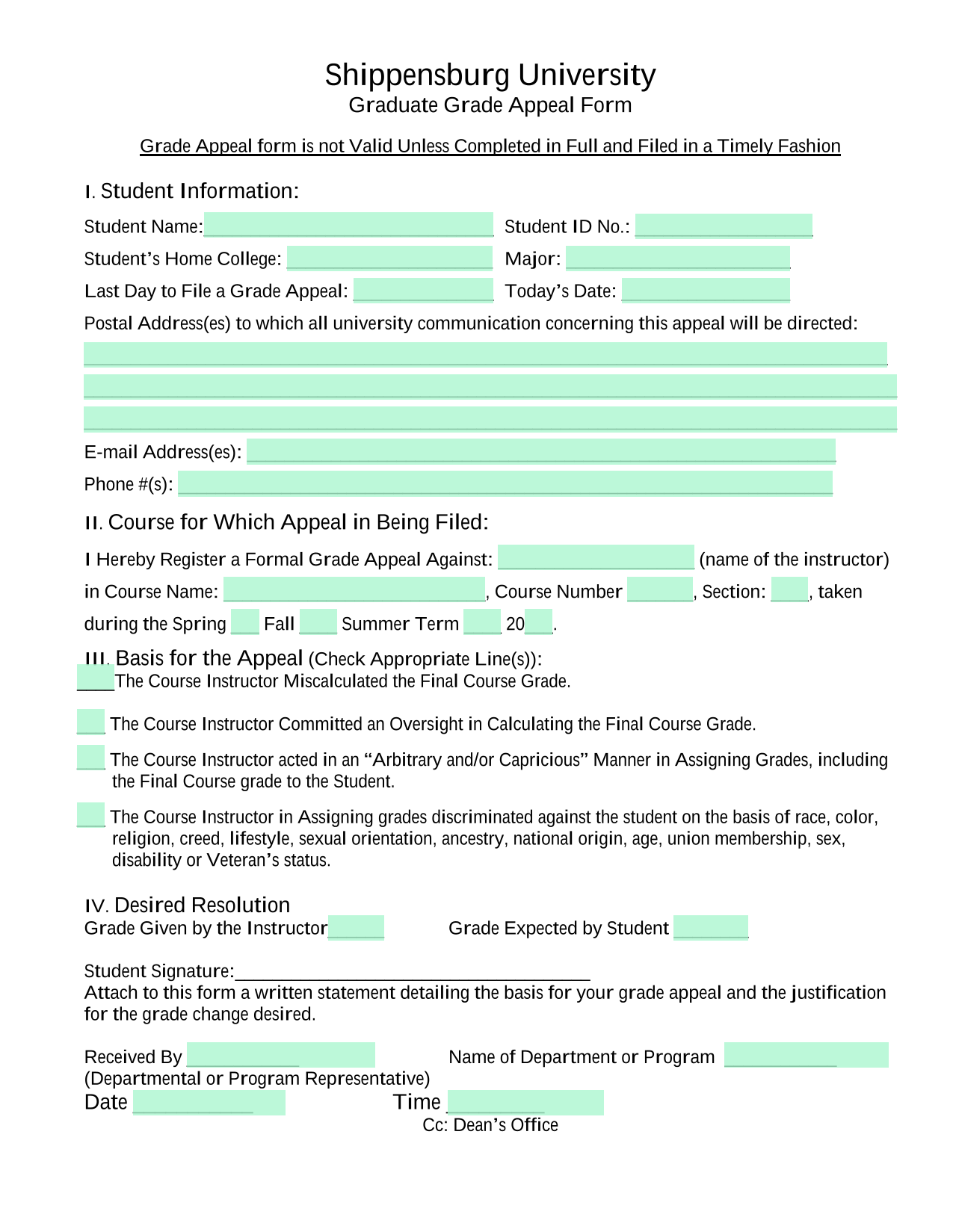 Graduate Grade Appeal Form screenshot