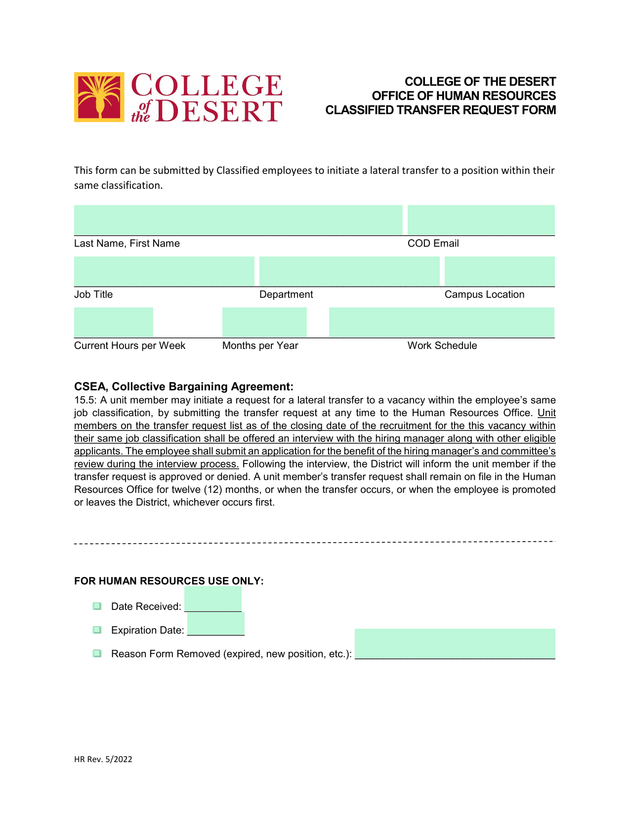 Classified Transfer Request Form screenshot