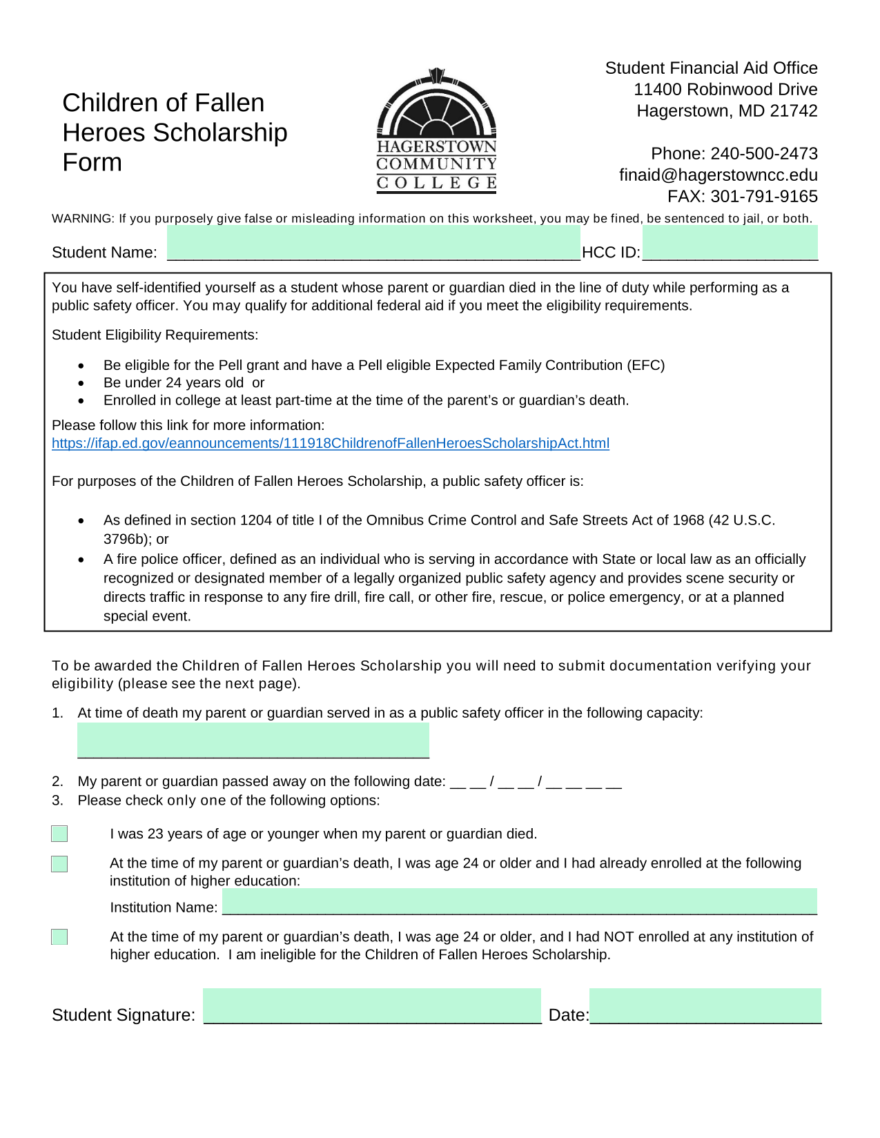 Children Of Fallen Heroes Scholarship Form screenshot