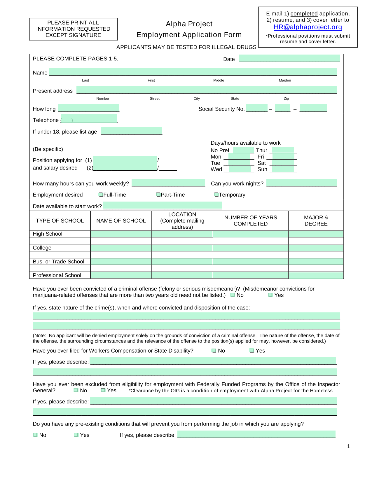Alpha Project Employment Application Form screenshot
