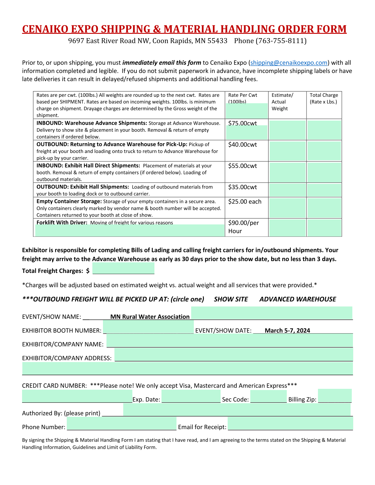 CENAIKO EXPO SHIPPING  MATERIAL HANDLING ORDER FORM screenshot