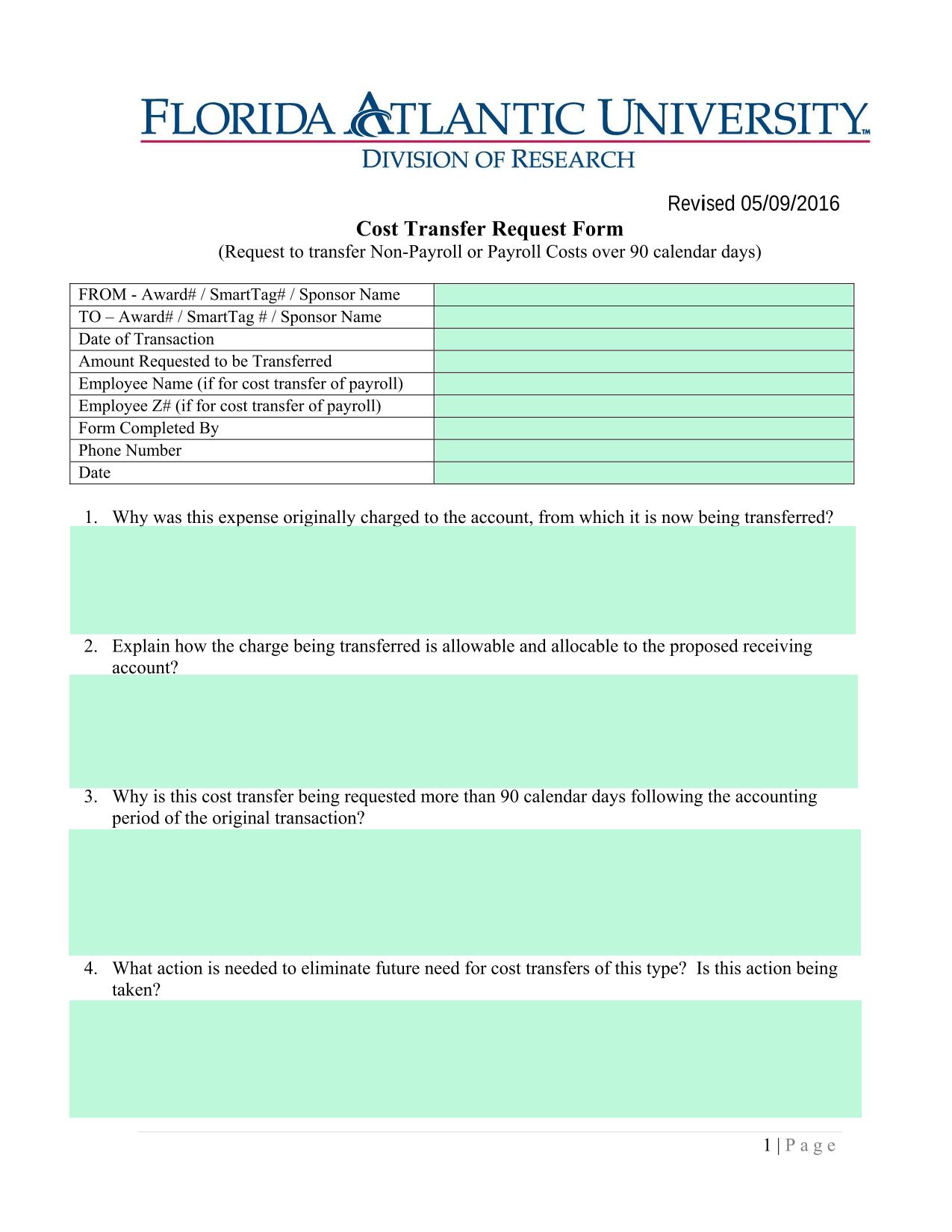 Cost Transfer Request Form screenshot