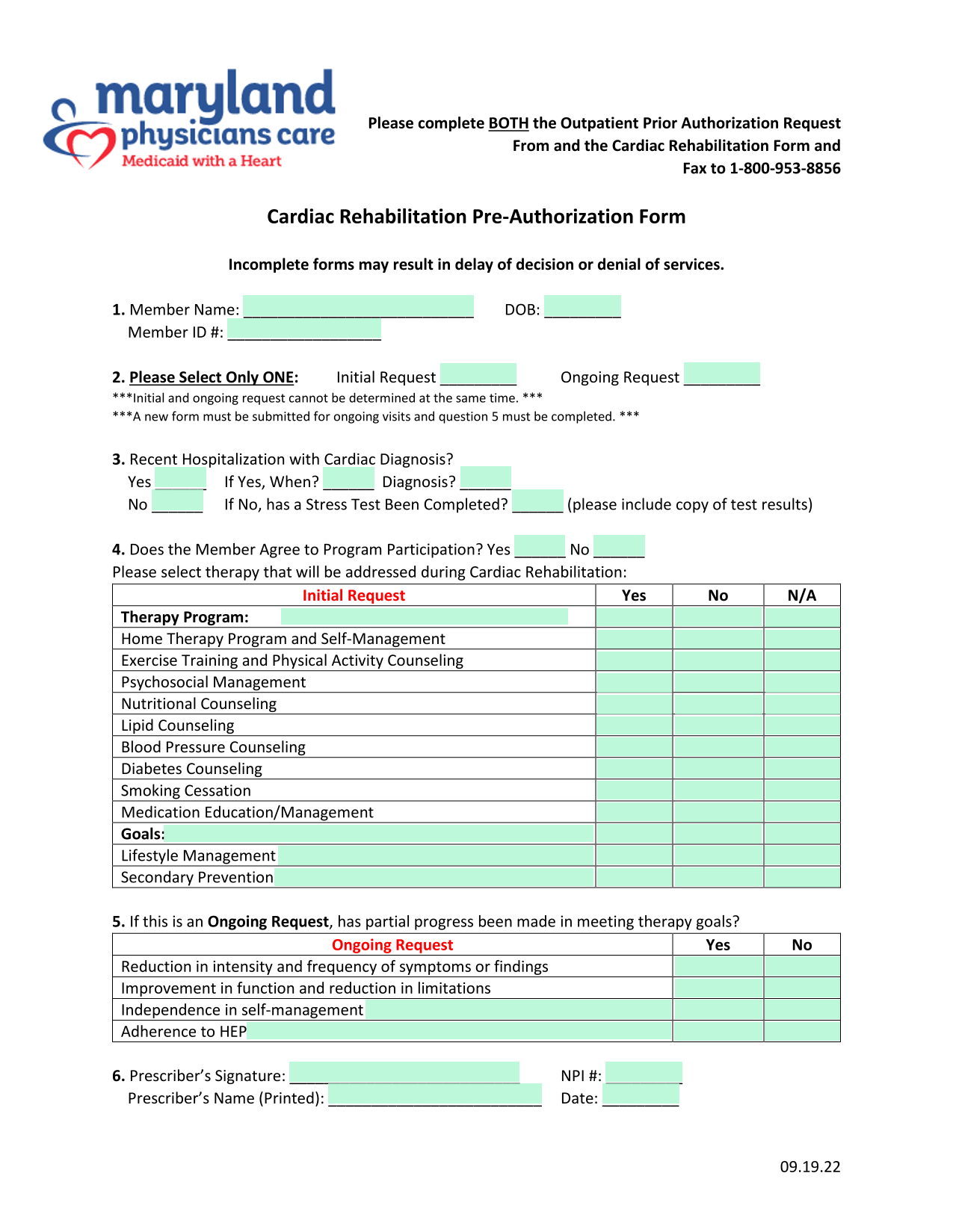 Cardiac Rehabilitation Pre Authorization Form screenshot